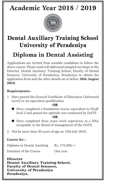 Diploma in Dental Assisting - Dental Auxiliary Training School - University of Peradeniya